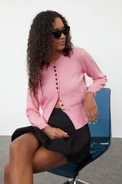 Pink Basic Buttoned Jacket-Look Knitted Cardigan