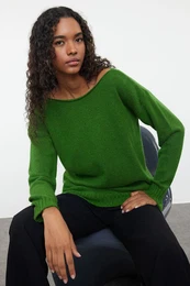 Green Wool Boat Neck Basic Knitwear Sweater
