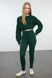 Emerald Green Crop Crew Neck Knitwear Bottom-Top Set