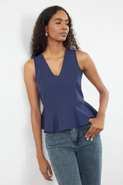 Navy Blue Flounce Woven Blouse