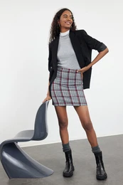 Navy Blue Plaid Stitching Fabric Mini Woven Skirt