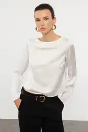 Ecru Back Detailed Satin Woven Blouse