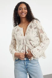 Ecru 100% Cotton Crochet Detailed Floral Knitted Cardigan