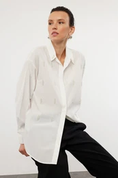 Ecru Oversize Woven Wide Fit Shirt with Pearl Stone Detail on the Front