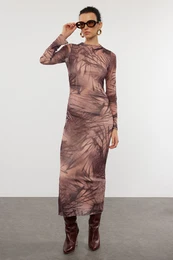 Beige Abstract Bodycone Gathering / Drape Maxi Knitted Dress