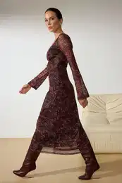 Brown Animal Patterned Square Neck Bodycone/Fitting Knitted Dress