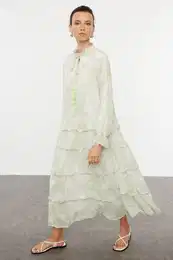 Khaki Woven Chiffon Floral Patterned Dress