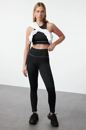 Black Full Length Knitted Sports Leggings with Wide Waist Elastic and Reflective Detail