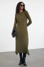 Khaki Rib Detailed Knitwear Dress