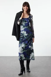 Multicolored Floral Patterned Square Neck Bodycone/Fits Knit Dress