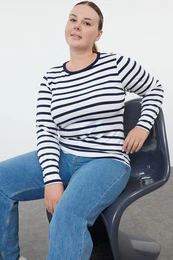 Curve Navy Blue Striped Premium Viscose Soft Fabric Fitted Flexible Knitted Plus Size Blouse