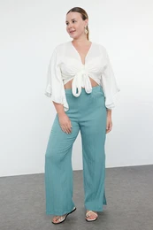 Curve Blue Slit Detailed High Waist Wrapped Wide Leg Beach Wear Woven Trousers