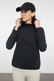 Black Micro Reflective Print Detailed Hooded Knitted Sports Top/Blouse