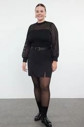 Curve Black Stand Collar Laced Body-Smoothing Knitted Plus Size Blouse