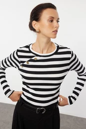 Black Striped Fitted Raglan Sleeve with Stud Detail Stretchy Knitted Blouse