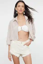 Beige Striped Crop Woven Backless Linen Look Shirt