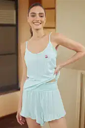 Blue Cherry Embroidered Frilled Rope Strap Viscose Shorts Woven Pajama Set