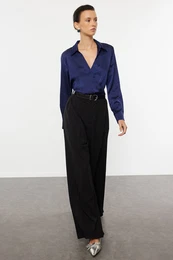 Navy Blue Crop Shirt Collar Satin Woven Blouse