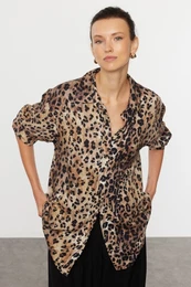 Brown Leopard Animal Patterned Oversize Woven Wide Pattern Shirt