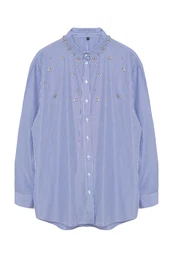 Blue Collar Sleeve Stone Detailed Oversize Woven Wide Fit Shirt