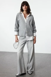 Gray Wide Pattern Soft Texture Stone Detailed Wide Pattern Knitwear Cardigan