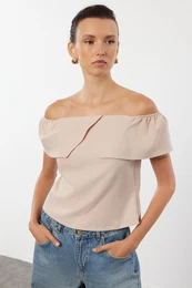 Beige Off Shoulder Fitted Woven Blouse