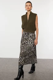 Khaki Leopard Patterned Satin Midi Length Woven Skirt