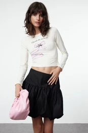 Ecru Boat Neck Slim/Fitting Printed Crop/Short Knitted Blouse