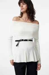 Ecru Belted Carmen Collar Knitwear Sweater