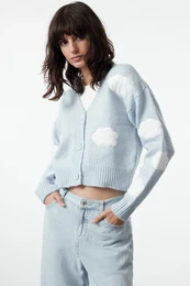Blue Crop Soft Texture Cloud Patterned V Neck Knitwear Cardigan