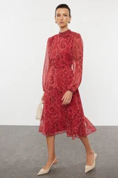 Red Patterned Flounce Midi Woven Winter Dress