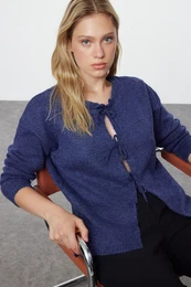 Indigo Soft Texture Ribbon/Bow Detailed Knitwear Sweater-Cardigan