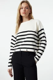 Ecru Striped Functional Button Detailed Knitwear Sweater