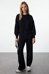 Black Wide Pattern Balloon Sleeve Knitwear Top-Bottom Set