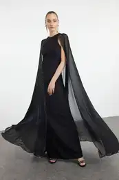 Black Shiny Stoned Cape Detailed Woven Long Evening Dress
