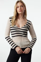 Beige Soft Textured Loose Knit Striped Sweater
