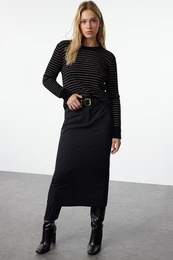 Black Fuzzy Yarn Striped Knitwear Sweater