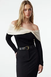 Black Carmen Collar Color Block Knitwear Sweater
