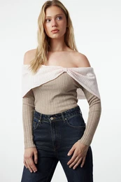 Mink Carmen Collar Color Block Knitwear Sweater