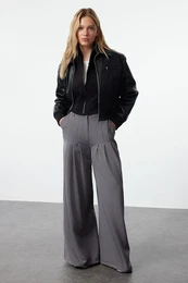 Anthracite Extra Wide Leg Palazzo Pleated Woven Fabric Trousers