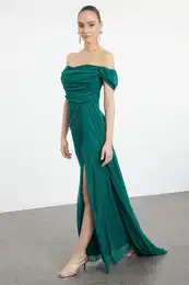 Emerald Green Cowl Neck Woven Long Evening & Graduation Dress