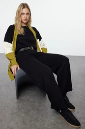 Black Color Block Cardigan-Sweater-Pants Triple Knitwear Bottom-Top Set