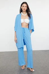 Blue Woven Wrap Kimono Pants Beach Set