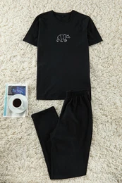 Men's Black Regular Fit Embroidered Knitted Pajama Set