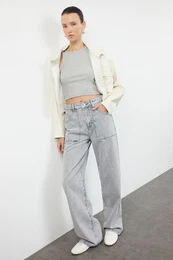 Gray Pocket Detailed High Waist Wide Leg Jeans