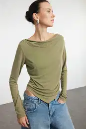 Green Modal Fabric Lace Collar Draped Padded Asymmetrical Knitted Blouse