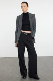 Black Waist Detailed Wide Leg/Wide Leg Woven Fabric Trousers