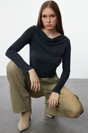 Anthracite Modal Fabric Lace Collar Draped Padded Asymmetrical Knitted Blouse