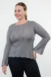 Curve Gray Crew Neck Ribbed Fine Knitwear Sweater