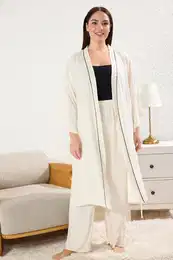 Curve Beige 2-Piece Viscose Ribbed Dressing Gown-Pajama Bottoms Woven Pajama Set